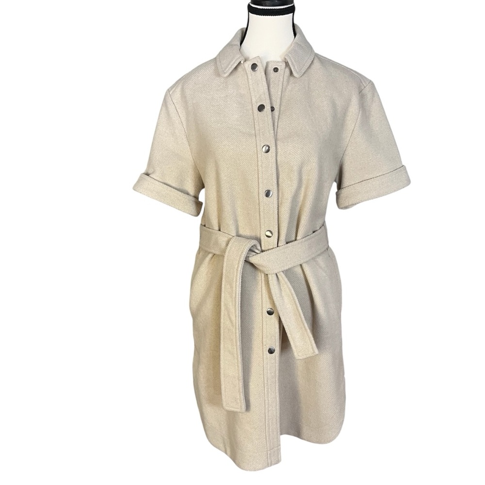 Galeries Lafayette Short Sleeve Coat Beige Belted Jacket Trench Women Size Small